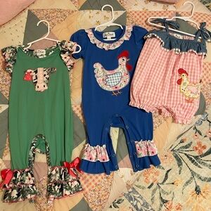 Kids Farm Animal Romper Set - Green, Blue, Pink